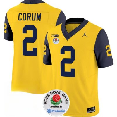 Michigan Wolverines #2 Blake Corum 2023 F.U.S.E. Yellow/Navy Rose Bowl Patch Stitched Jersey