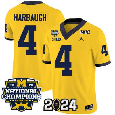 Michigan Wolverines #4 Jim Harbaugh Yellow 2024 F.U.S.E. With 2023 National Champions Patch Stitched Jersey