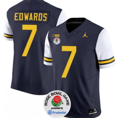 Michigan Wolverines #7 Donovan Edwards 2023 F.U.S.E. Navy/White Rose Bowl Patch Stitched Jersey