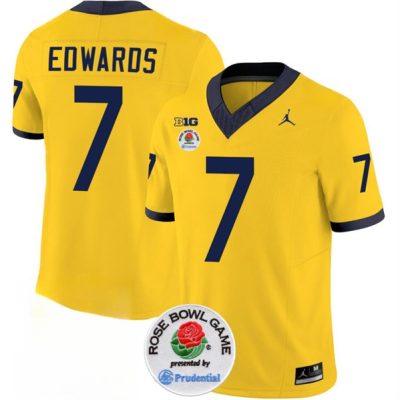 Michigan Wolverines #7 Donovan Edwards 2023 F.U.S.E. Yellow Rose Bowl Patch Stitched Jersey