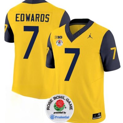 Michigan Wolverines #7 Donovan Edwards 2023 F.U.S.E. Yellow/Navy Rose Bowl Patch Stitched Jersey