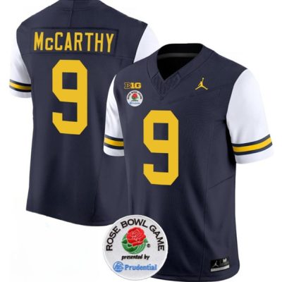 Michigan Wolverines #9 J.J. McCarthy 2023 F.U.S.E. Navy/White Rose Bowl Patch Stitched Jersey