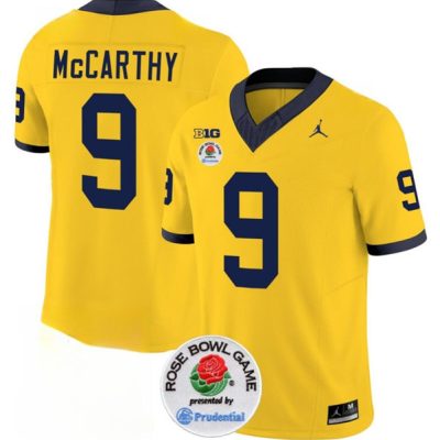 Michigan Wolverines #9 J.J. McCarthy 2023 F.U.S.E. Yellow Rose Bowl Patch Stitched Jersey