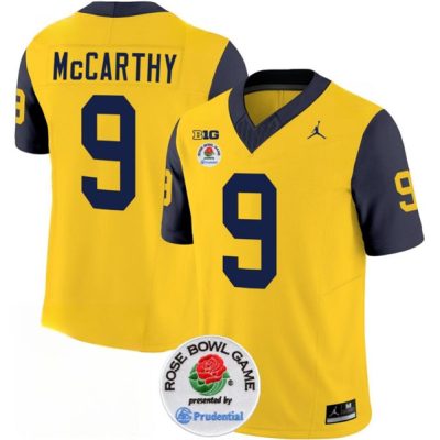 Michigan Wolverines #9 J.J. McCarthy 2023 F.U.S.E. Yellow/Navy Rose Bowl Patch Stitched Jersey