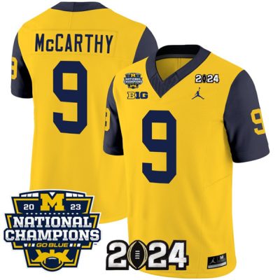 Michigan Wolverines #9 J.J. McCarthy Yellow/Navy 2024 F.U.S.E. With 2023 National Champions Patch Stitched Jersey