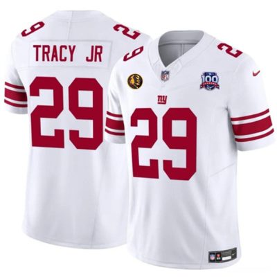 New York Giants #29 Tyrone Tracy Jr. White 2024 F.U.S.E. Patch And 100TH Season Patch Vapor Untouchable Limited Football Stitched Jersey