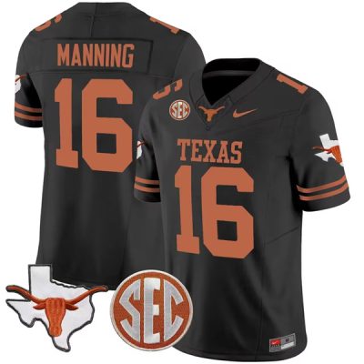 Texas Longhorns #16 Arch Manning Texas Orange F.U.S.E. State Map & SEC Patch Stitched Jersey