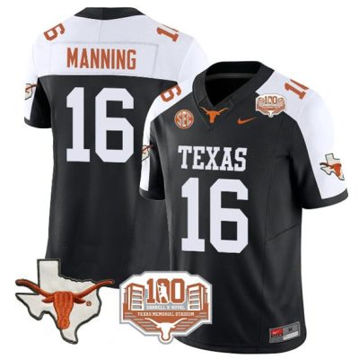 Texas Longhorns #16 Peyton Manning Black/White F.U.S.E. 100 years of Darrell K Royal Map & SEC Patch Stitched Jersey