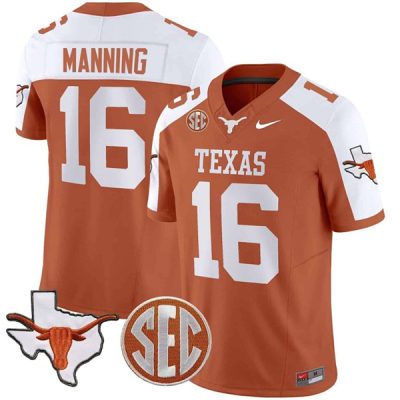 Texas Longhorns #16 Peyton Manning Orange/White Map & SEC Patch F.U.S.E. Stitched Jersey