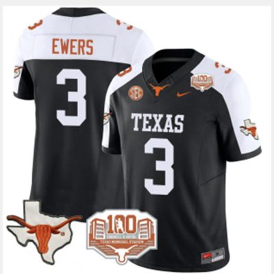 Texas Longhorns #3 Quinn Ewers Black/White F.U.S.E 100 years of Darrell K Royal Map & SEC Patch Stitched Jersey