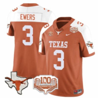 Texas Longhorns #3 Quinn Ewers Orange/White F.U.S.E. 100 years of Darrell K Royal Map & SEC Patch Stitched Jersey