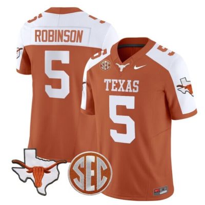 Texas Longhorns #5 Bijan Robinson Orange F.U.S.E. State Map & SEC Patch Stitched Jersey