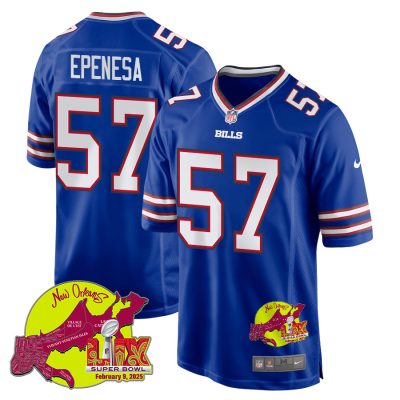 A.J. Epenesa 57 Buffalo Bills Super Bowl LIX New Orleans Patch Game Men Jersey - Royal
