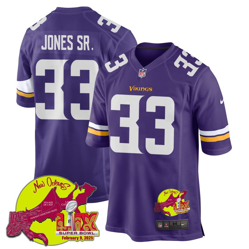 Aaron Jones Sr. 33 Minnesota Vikings Super Bowl LIX New Orleans Patch Game Men Jersey - Purple