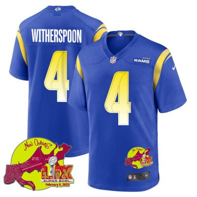 Ahkello Witherspoon 4 Los Angeles Rams Super Bowl LIX New Orleans Patch Game Men Jersey - Royal