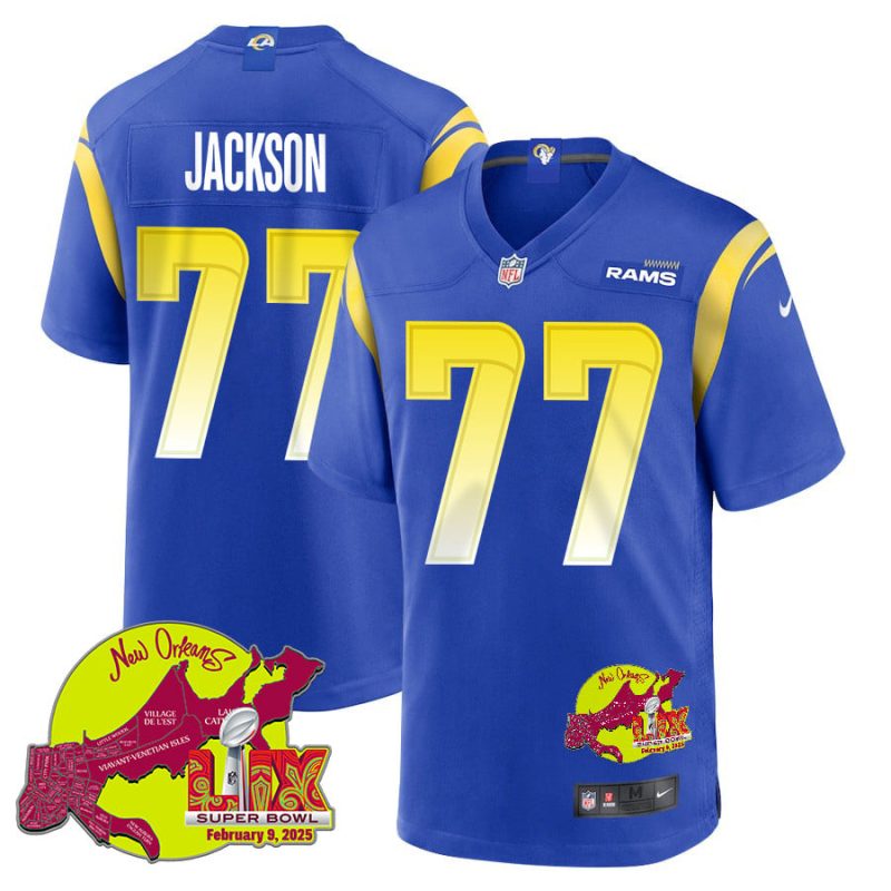 Alaric Jackson 77 Los Angeles Rams Super Bowl LIX New Orleans Patch Game Men Jersey - Royal