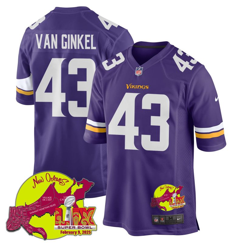 Andrew Van Ginkel 43 Minnesota Vikings Super Bowl LIX New Orleans Patch Game Men Jersey - Purple