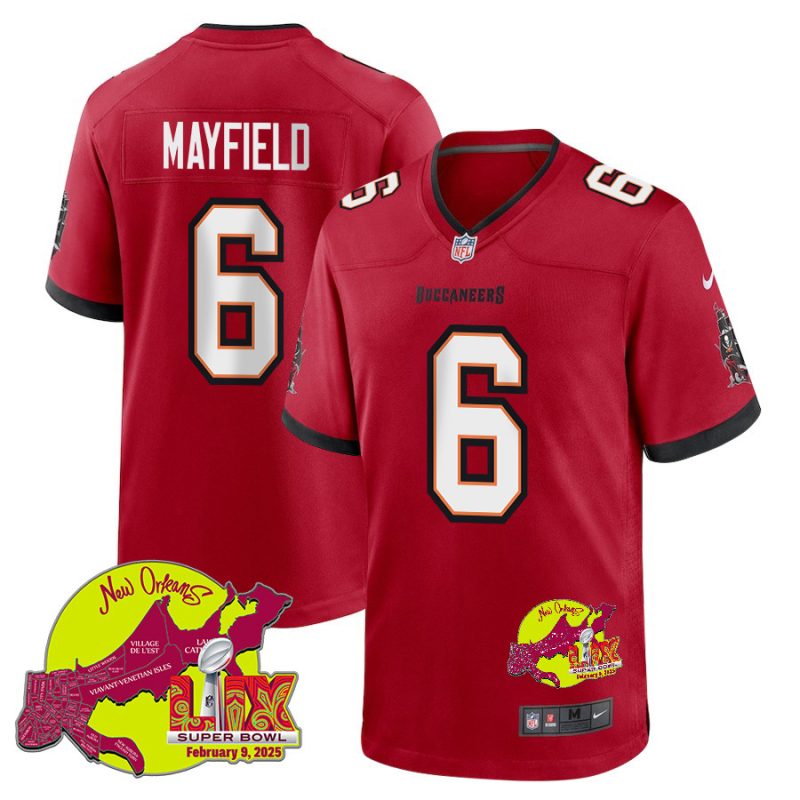 Baker Mayfield 6 Tampa Bay Buccaneers Super Bowl LIX New Orleans Patch Game Men Jersey - Red