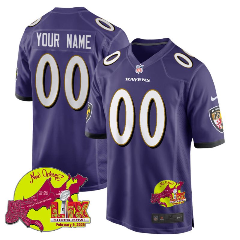 Baltimore Ravens Super Bowl LIX New Orleans Patch Game Men Custom Jersey - Purple