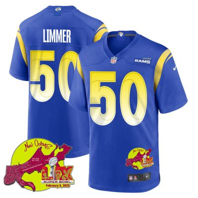 Beaux Limmer 50 Los Angeles Rams Super Bowl LIX New Orleans Patch Game Men Jersey - Royal