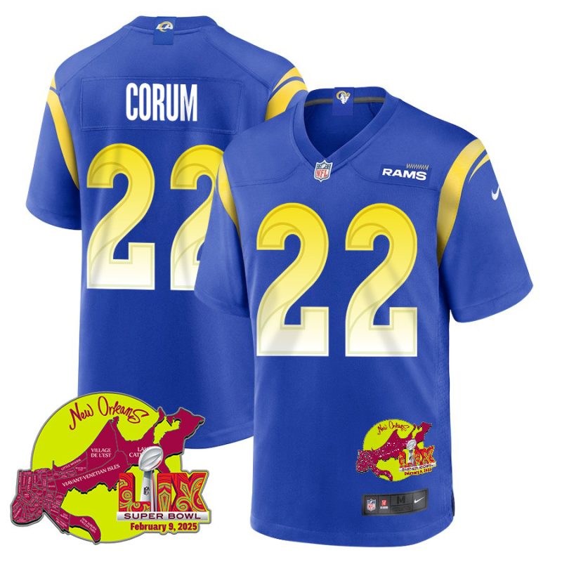 Blake Corum 22 Los Angeles Rams Super Bowl LIX New Orleans Patch Game Men Jersey - Royal