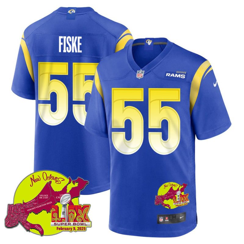 Braden Fiske 55 Los Angeles Rams Super Bowl LIX New Orleans Patch Game Men Jersey - Royal