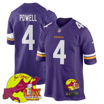 Brandon Powell 4 Minnesota Vikings Super Bowl LIX New Orleans Patch Game Men Jersey - Purple