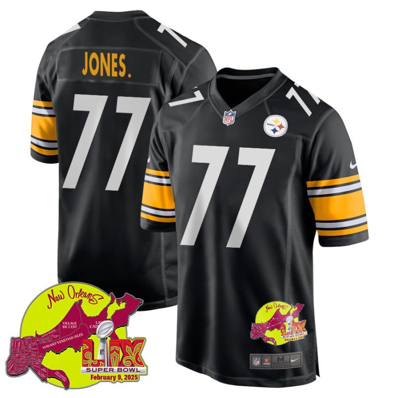 Broderick Jones 77 Pittsburgh Steelers Super Bowl LIX New Orleans Patch Game Men Jersey - Black