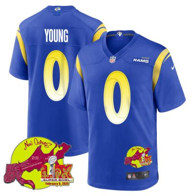 Byron Young 0 Los Angeles Rams Super Bowl LIX New Orleans Patch Game Men Jersey - Royal