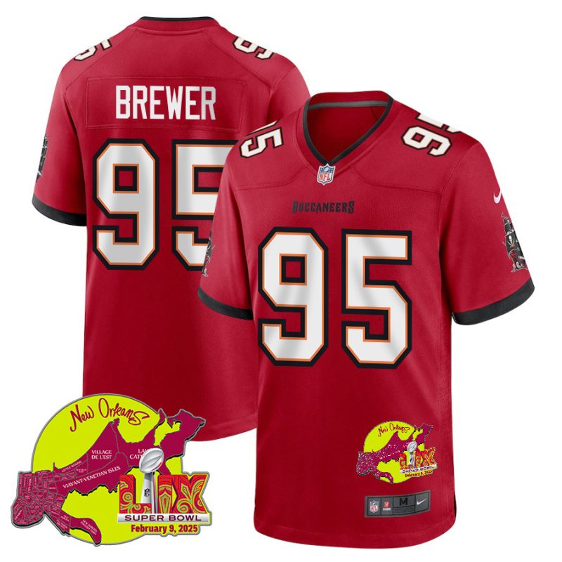 C.J. Brewer 95 Tampa Bay Buccaneers Super Bowl LIX New Orleans Patch Game Men Jersey - Red