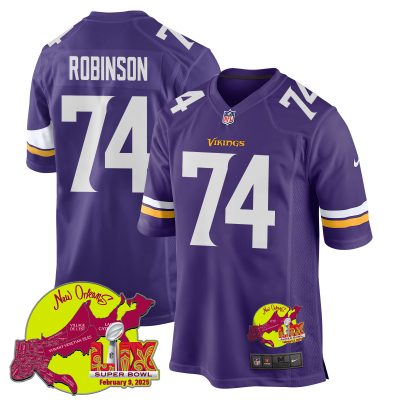 Cam Robinson 74 Minnesota Vikings Super Bowl LIX New Orleans Patch Game Men Jersey - Purple