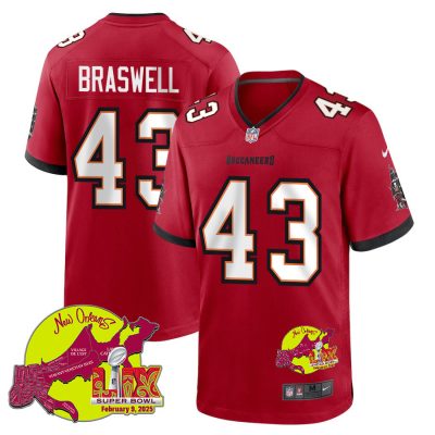 Chris Braswell 43 Tampa Bay Buccaneers Super Bowl LIX New Orleans Patch Game Men Jersey - Red