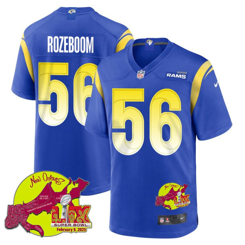 Christian Rozeboom 56 Los Angeles Rams Super Bowl LIX New Orleans Patch Game Men Jersey - Royal