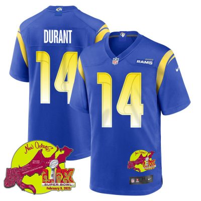 Cobie Durant 14 Los Angeles Rams Super Bowl LIX New Orleans Patch Game Men Jersey - Royal