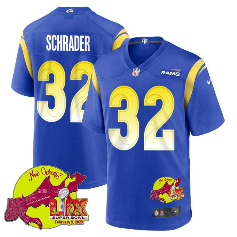 Cody Schrader 32 Los Angeles Rams Super Bowl LIX New Orleans Patch Game Men Jersey - Royal