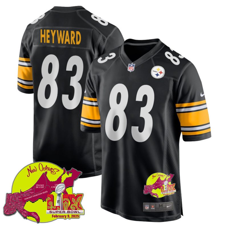 Connor Heyward 83 Pittsburgh Steelers Super Bowl LIX New Orleans Patch Game Men Jersey - Black