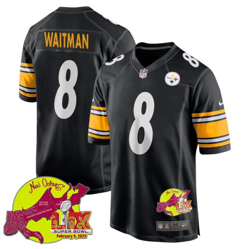 Corliss Waitman 8 Pittsburgh Steelers Super Bowl LIX New Orleans Patch Game Men Jersey - Black