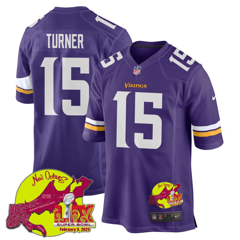 Dallas Turner 15 Minnesota Vikings Super Bowl LIX New Orleans Patch Game Men Jersey - Purple