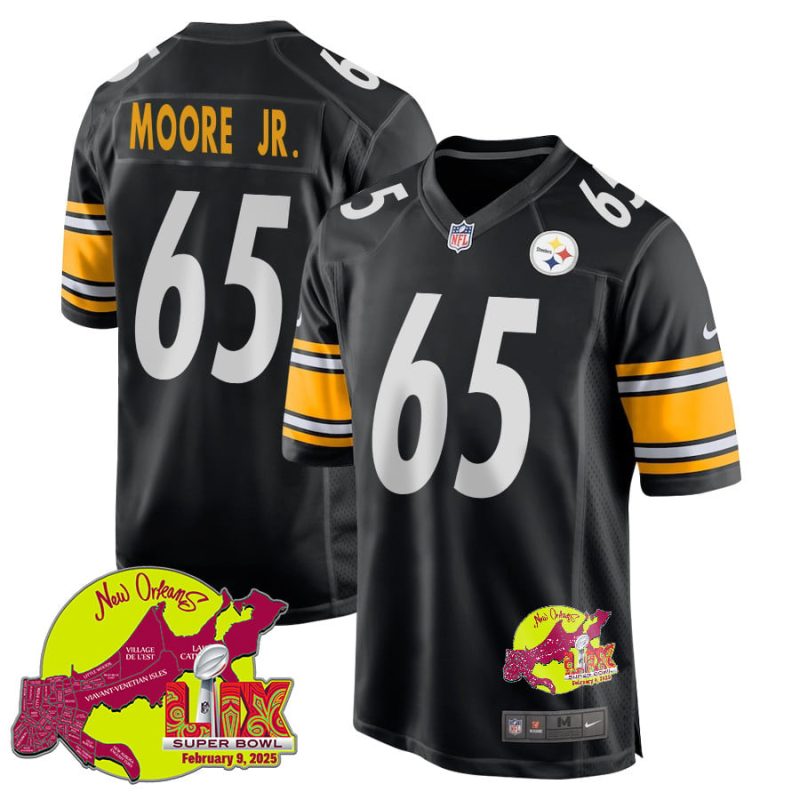 Dan Moore Jr. 65 Pittsburgh Steelers Super Bowl LIX New Orleans Patch Game Men Jersey - Black