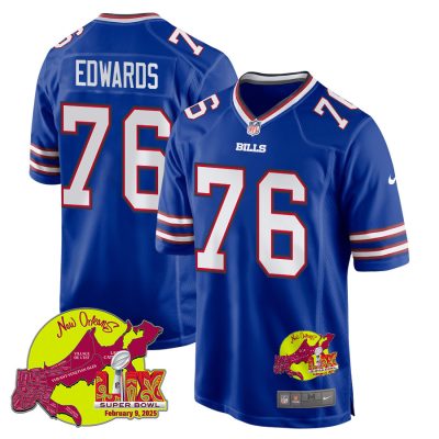 David Edwards 76 Buffalo Bills Super Bowl LIX New Orleans Patch Game Men Jersey - Royal