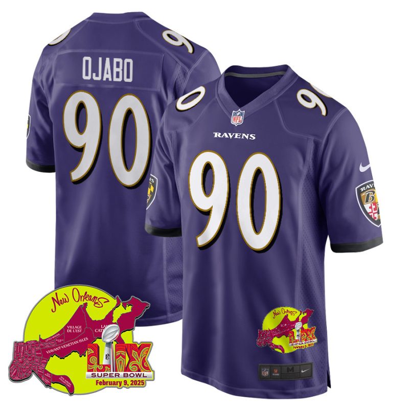 David Ojabo 90 Baltimore Ravens Super Bowl LIX New Orleans Patch Game Men Jersey - Purple