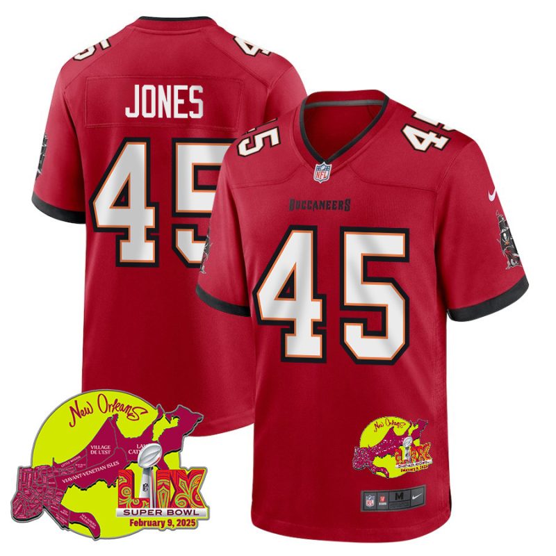 Deion Jones 45 Tampa Bay Buccaneers Super Bowl LIX New Orleans Patch Game Men Jersey - Red