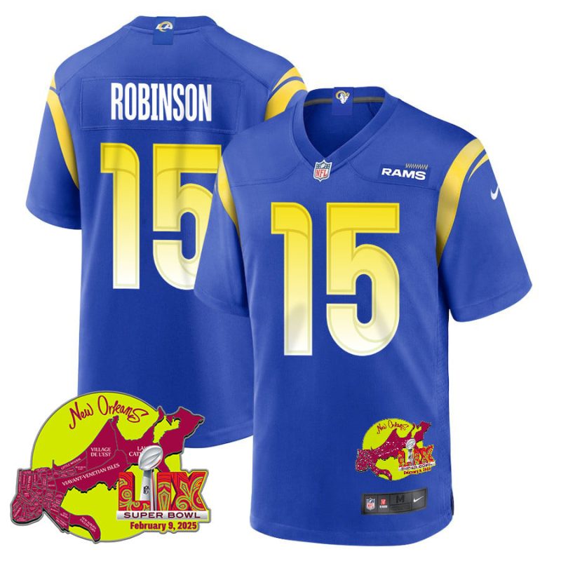 Demarcus Robinson 15 Los Angeles Rams Super Bowl LIX New Orleans Patch Game Men Jersey - Royal