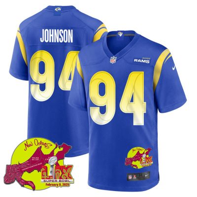 Desjuan Johnson 94 Los Angeles Rams Super Bowl LIX New Orleans Patch Game Men Jersey - Royal