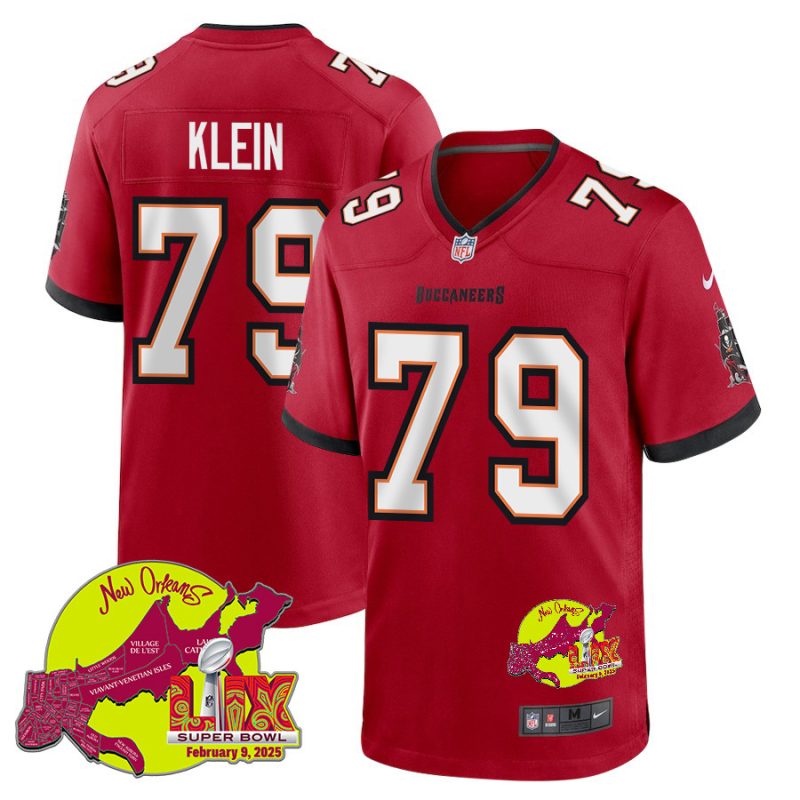 Elijah Klein 79 Tampa Bay Buccaneers Super Bowl LIX New Orleans Patch Game Men Jersey - Red