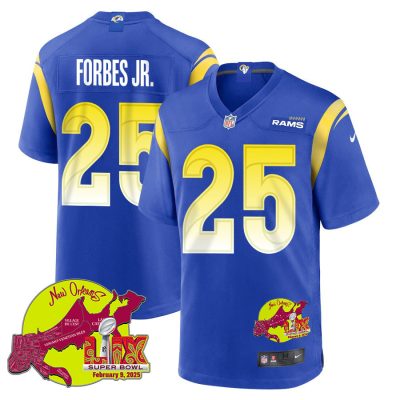 Emmanuel Forbes Jr. 25 Los Angeles Rams Super Bowl LIX New Orleans Patch Game Men Jersey - Royal