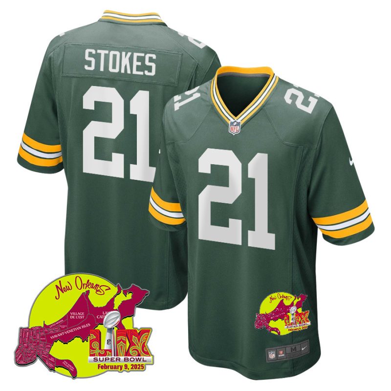 Eric Stokes 21 Green Bay Packers Super Bowl LIX New Orleans Patch Game Men Jersey - Green