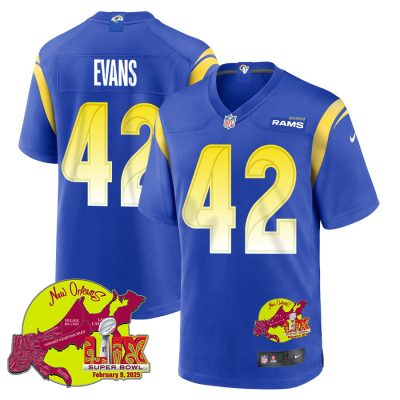 Ethan Evans 42 Los Angeles Rams Super Bowl LIX New Orleans Patch Game Men Jersey - Royal