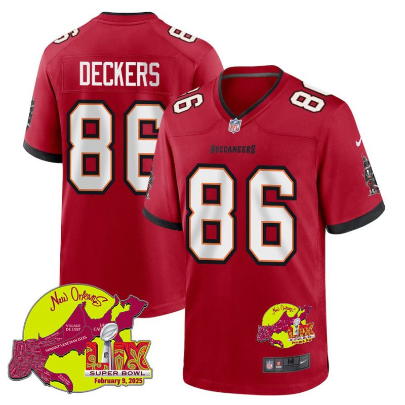 Evan Deckers 86 Tampa Bay Buccaneers Super Bowl LIX New Orleans Patch Game Men Jersey - Red