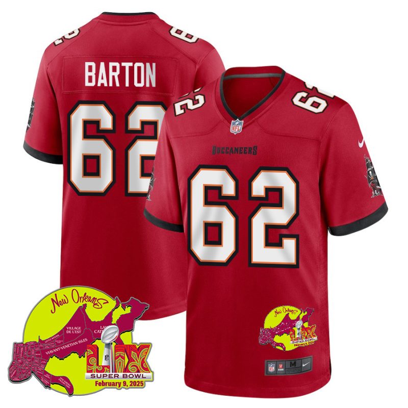 Graham Barton 62 Tampa Bay Buccaneers Super Bowl LIX New Orleans Patch Game Men Jersey - Red